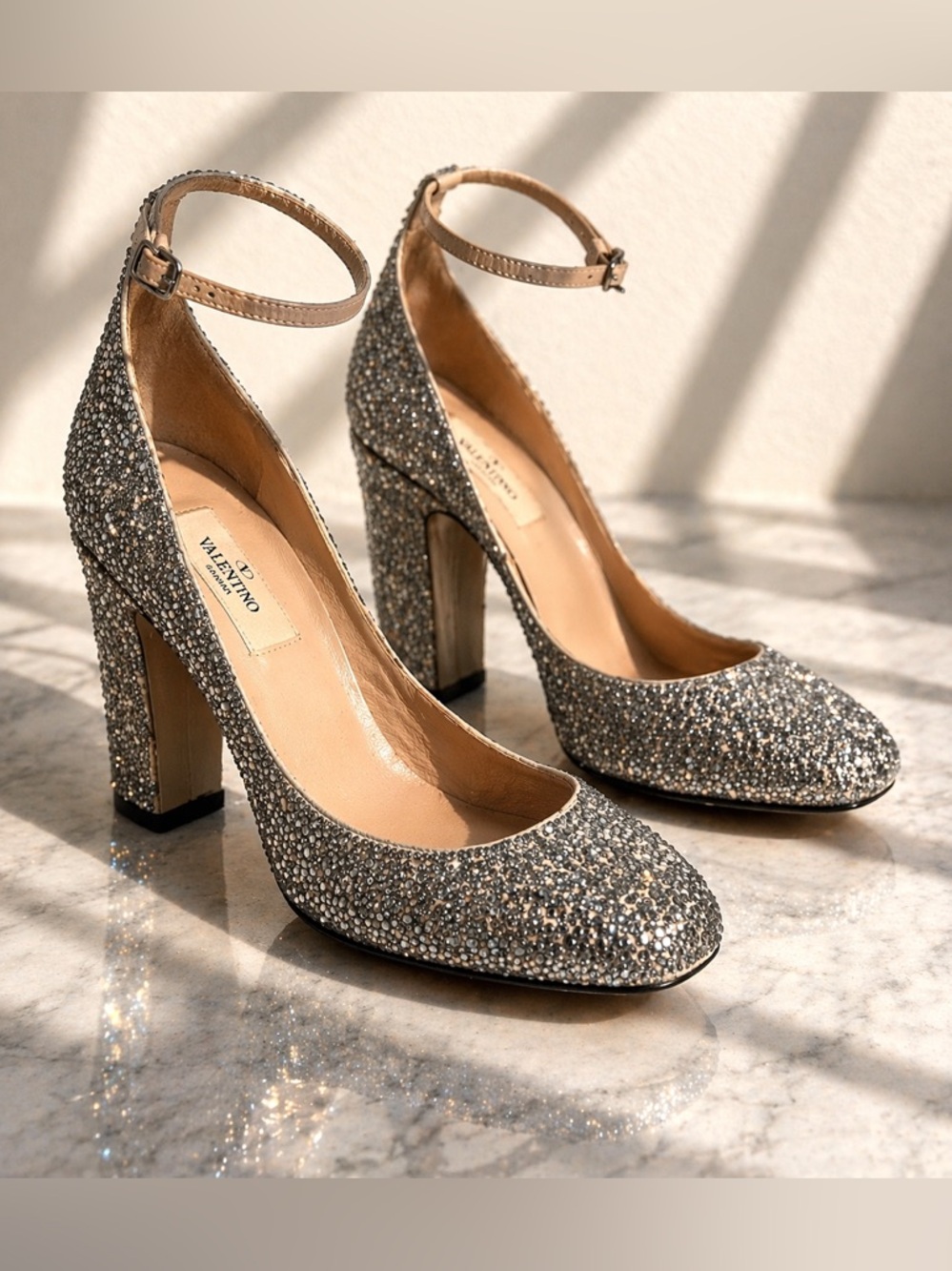 Valentino Crystal-Embellished Silver Ankle-Strap Block Heels
